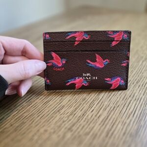 Coach Outlet Brown Leather Card Holder with Pink & Blue Bird Motif